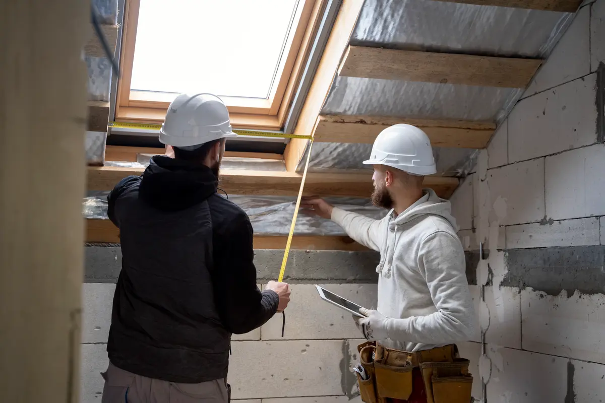 Deux techniciens mesurent les combles pendant la visite technique